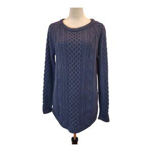 LL BEAN Signature SZ M Women Cotton Cable Knit Tunic Fishermans Sweater in Navy